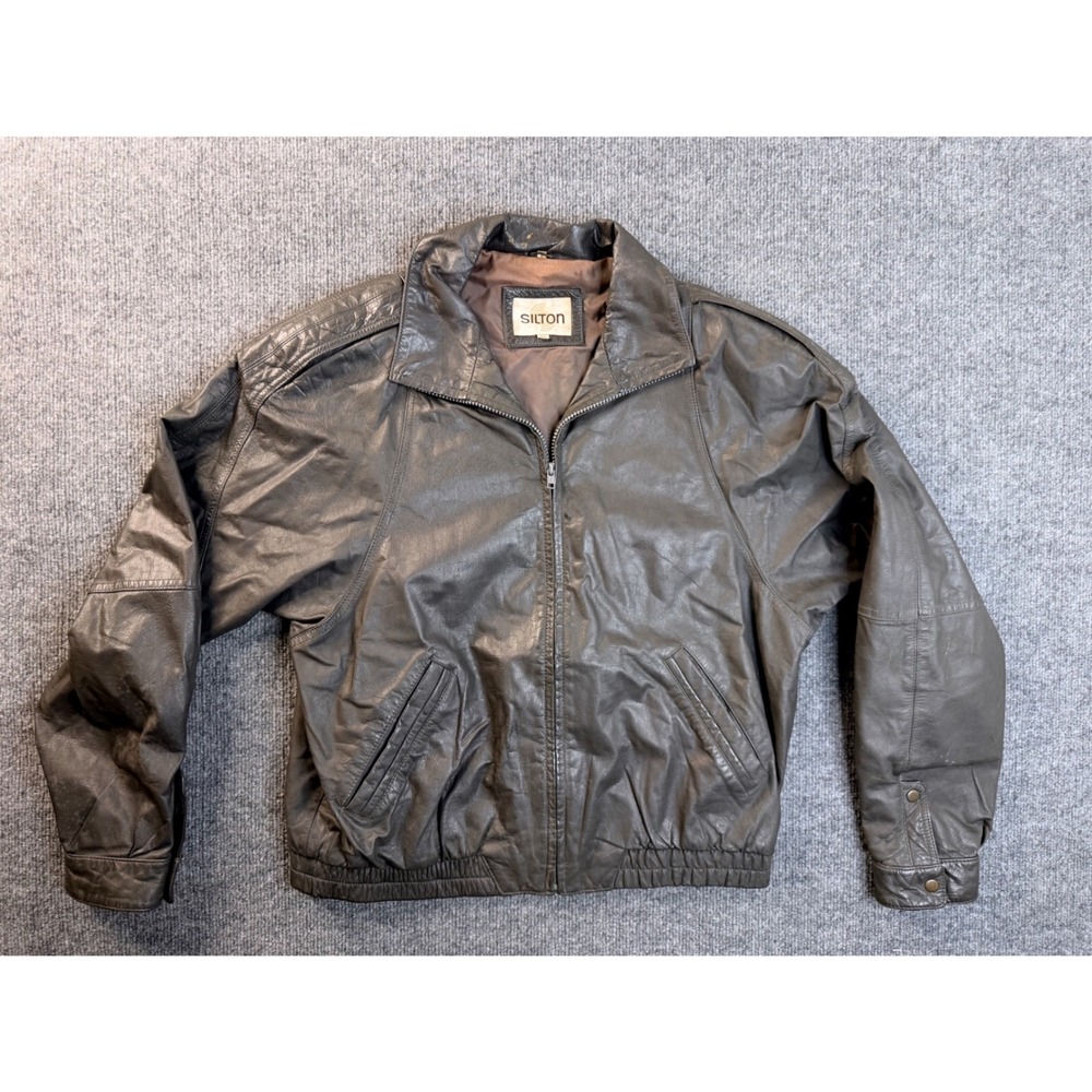 Silton Mens 42 Gray Genuine Leather Bomber Jacket Vintage Zip Up Streetwear Coat